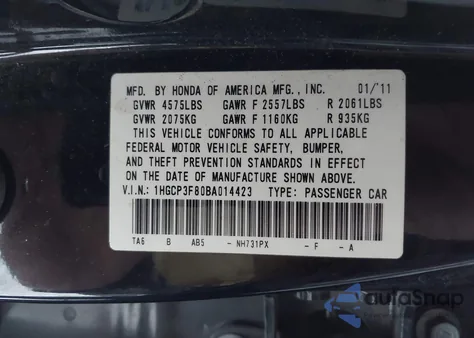 2011 Honda Accord 3.5 Ex-L from USA, damaged, VIN 1HGCP3F80BA014423